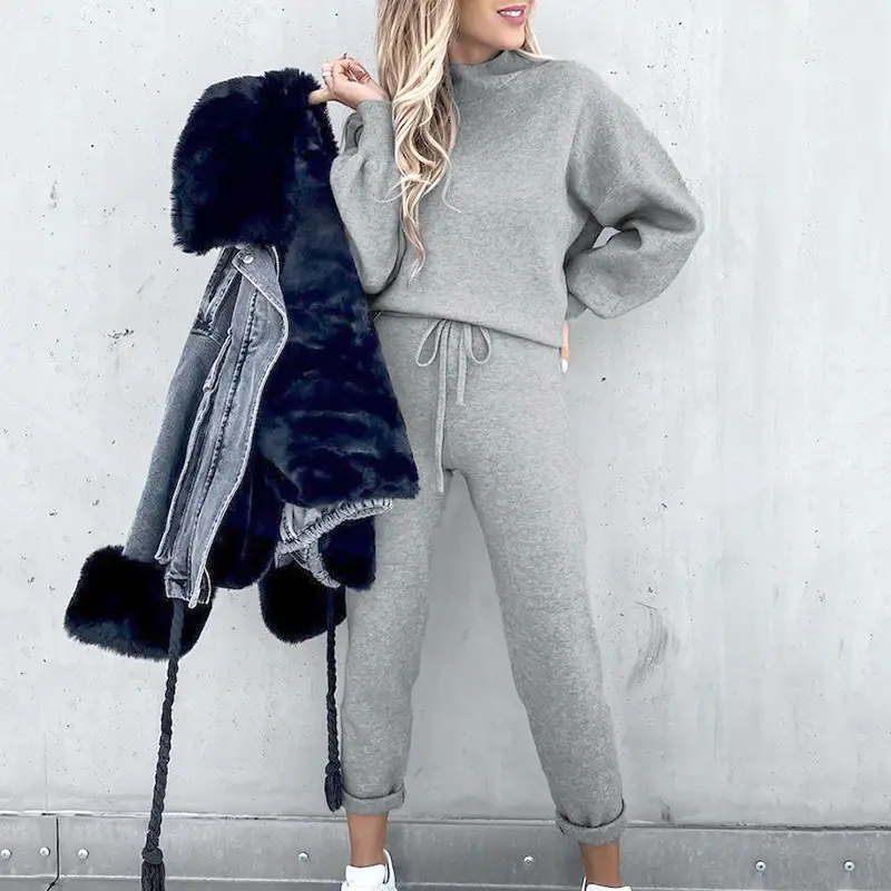 2022 Women Sweatshirt Set Beige High Collar Pants - Image 3