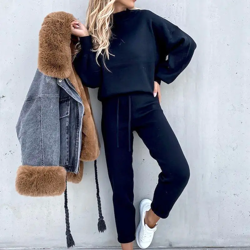 2022 Women Sweatshirt Set Beige High Collar Pants - Image 8
