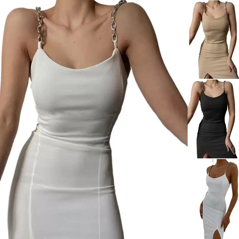White Split Hip Slim U-Neck Dress for Women