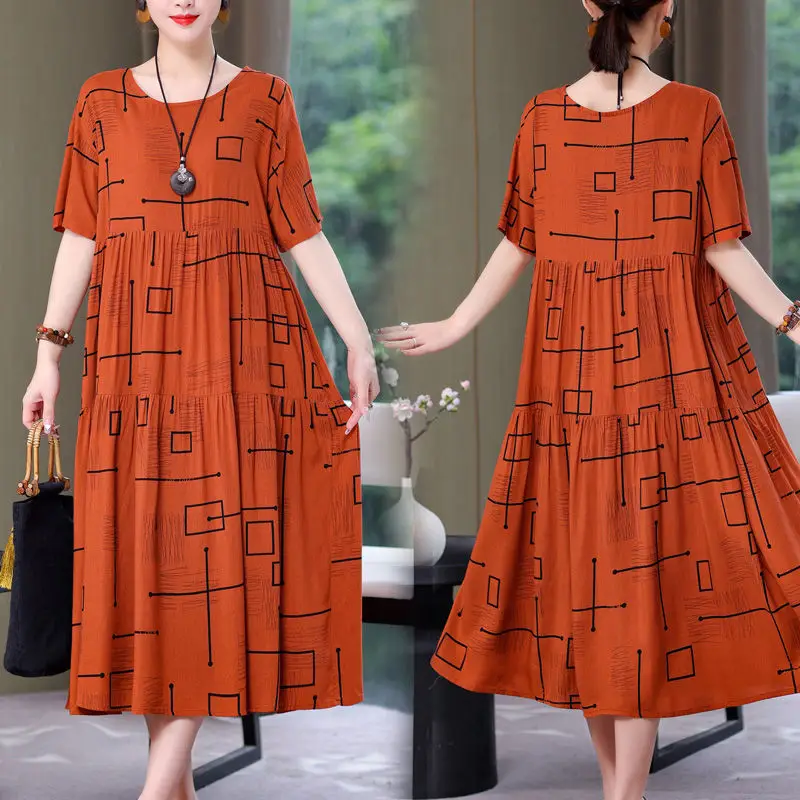 Women Cotton Silk Over-the-Knee Dress Pink Large - Image 28