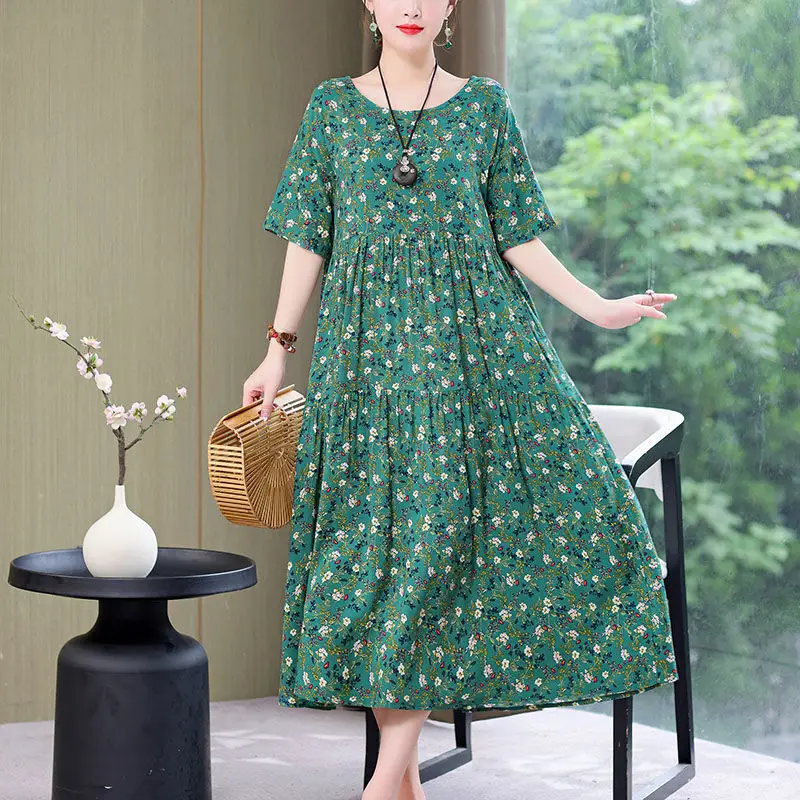 Women Cotton Silk Over-the-Knee Dress Pink Large - Image 10