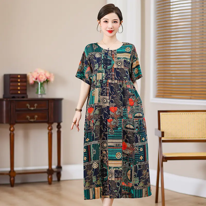 Women Cotton Silk Over-the-Knee Dress Pink Large - Image 16