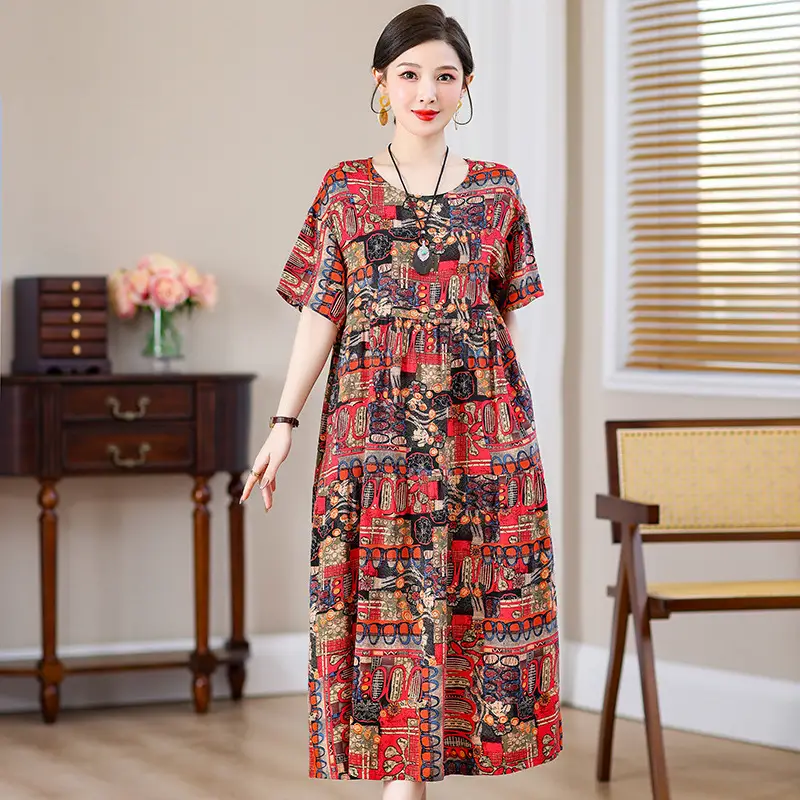 Women Cotton Silk Over-the-Knee Dress Pink Large - Image 17
