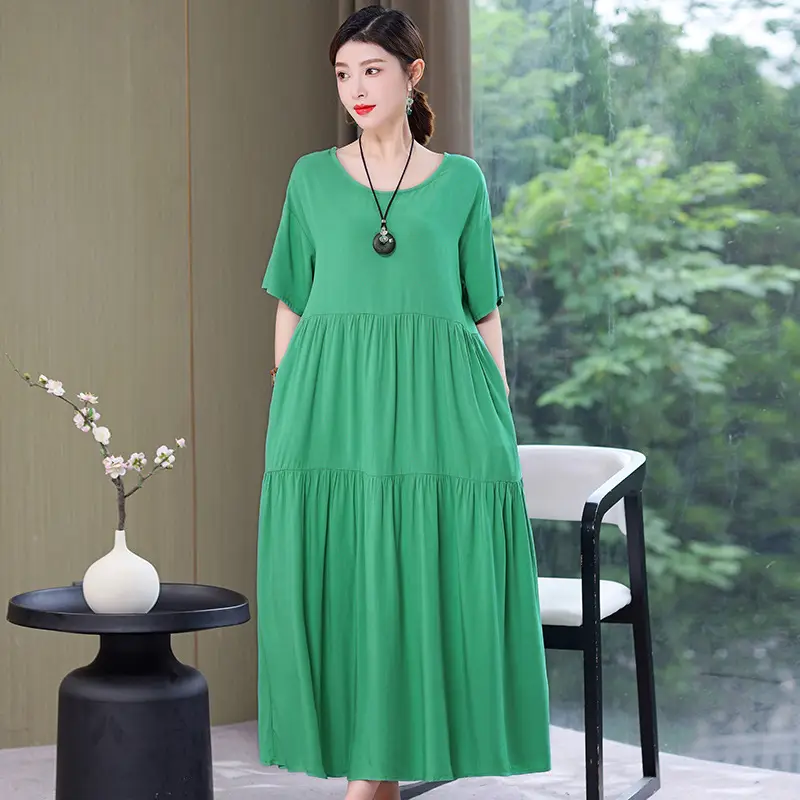 Women Cotton Silk Over-the-Knee Dress Pink Large - Image 19