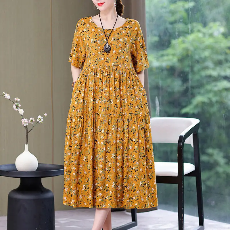 Women Cotton Silk Over-the-Knee Dress Pink Large - Image 3