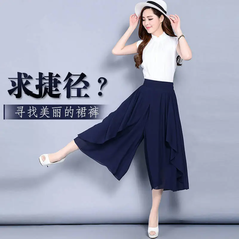 Women's Chiffon Wide Leg Pants Navy Blue Cropped Summer