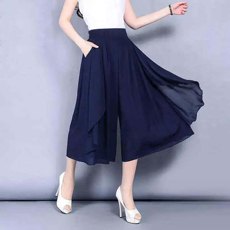 Women's Chiffon Wide Leg Pants Navy Blue Cropped Summer