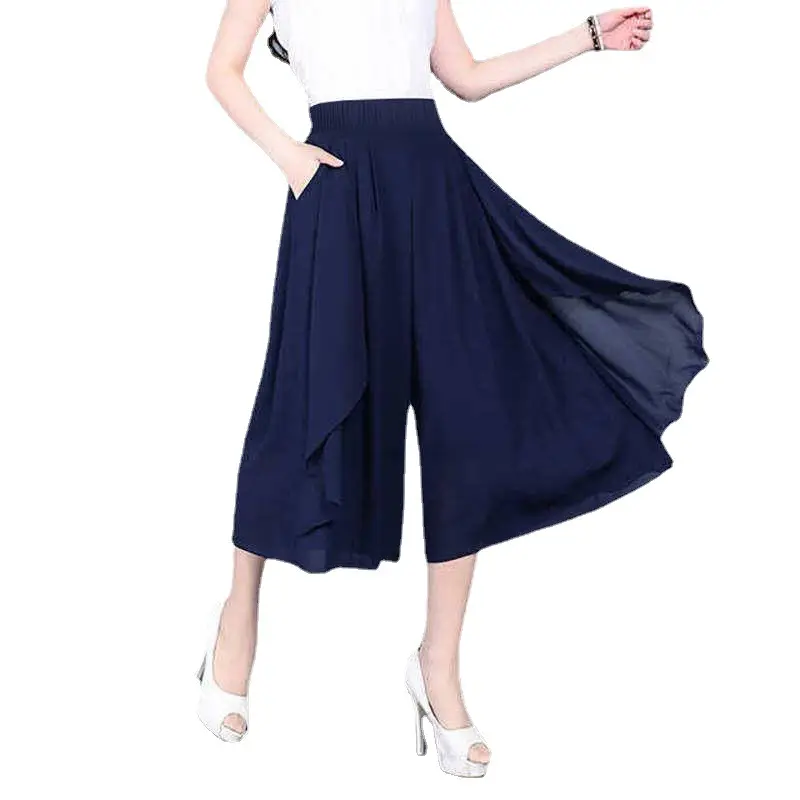 Women's Chiffon Wide Leg Pants Navy Blue Cropped Summer