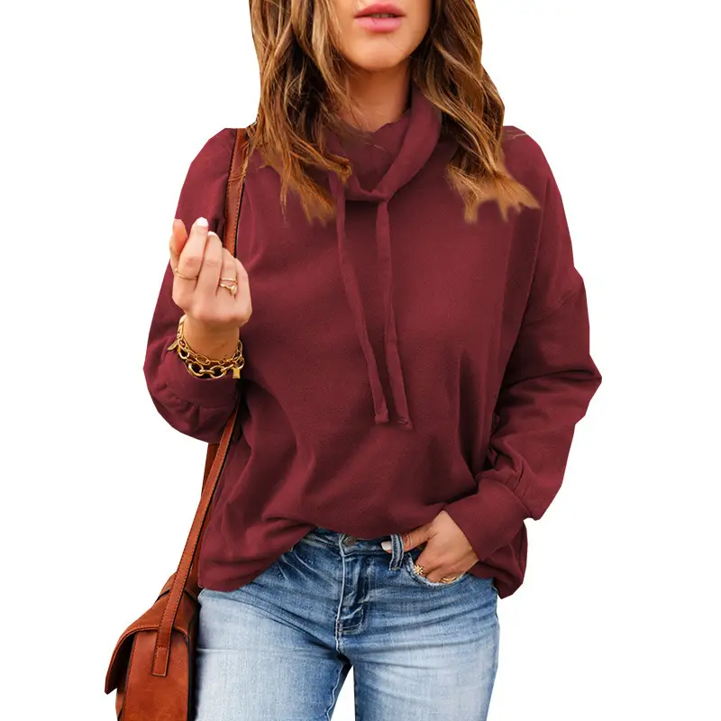 Women's Crossbody Turtleneck Sweatshirt Beige Drawstring - Image 7