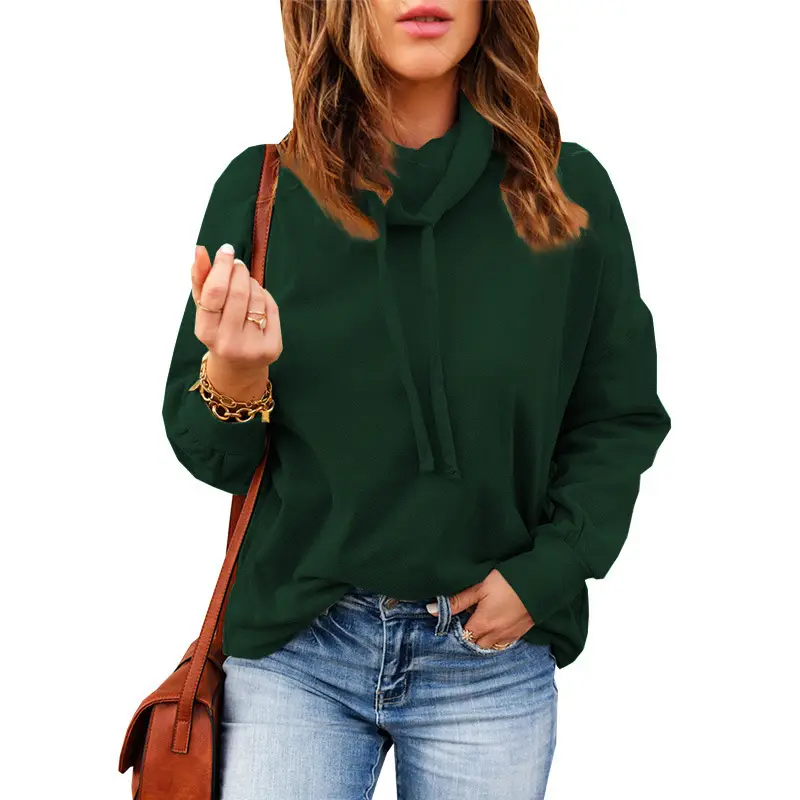 Women's Crossbody Turtleneck Sweatshirt Beige Drawstring - Image 3