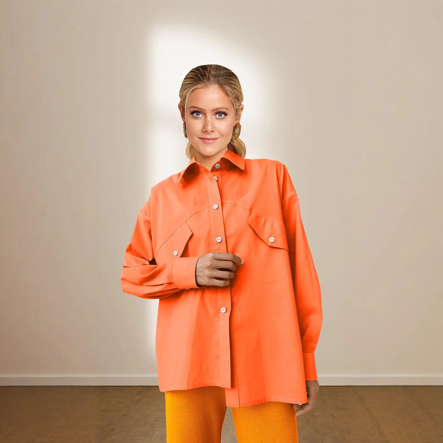 Orange Cotton Jacket Set for Women Casual Commute - Image 7