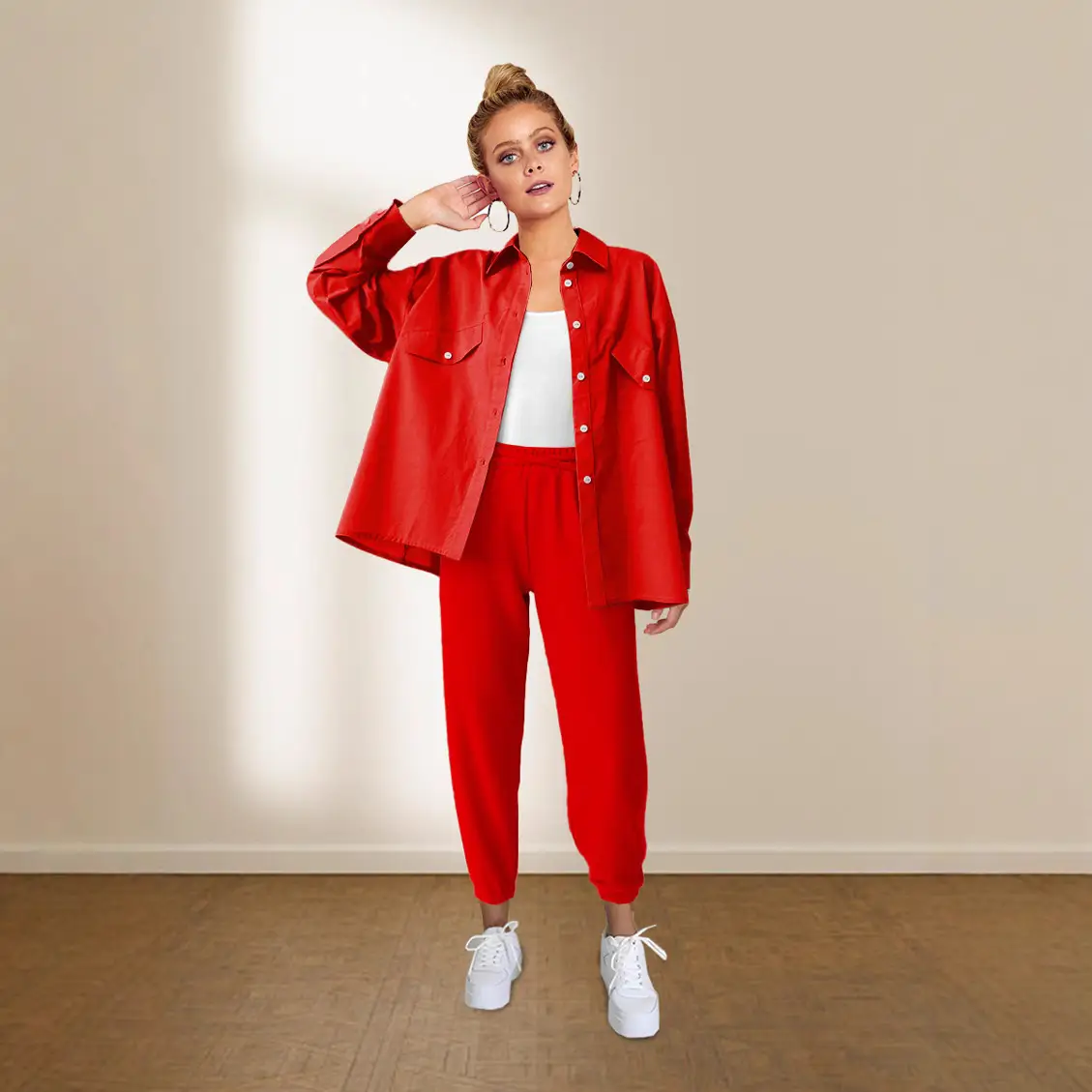 Orange Cotton Jacket Set for Women Casual Commute - Image 9