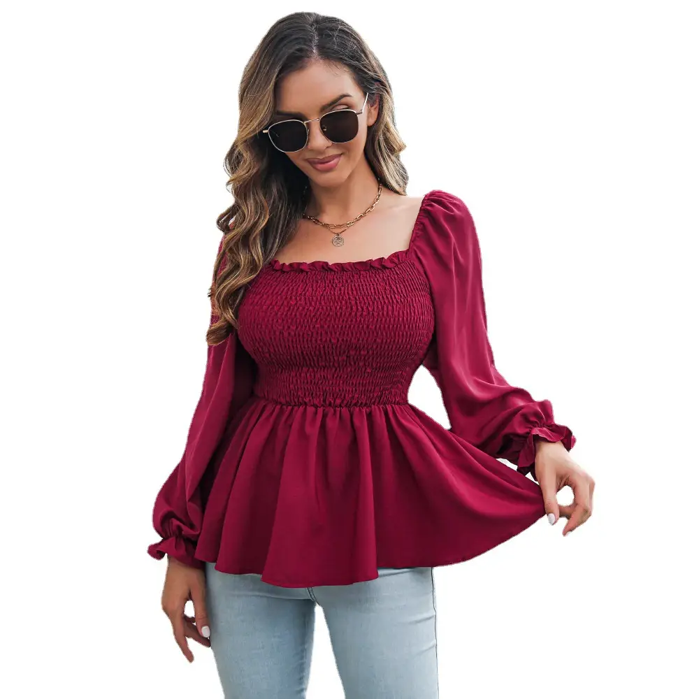 Black Chiffon Square Collar Top with Long Sleeves - Image 10