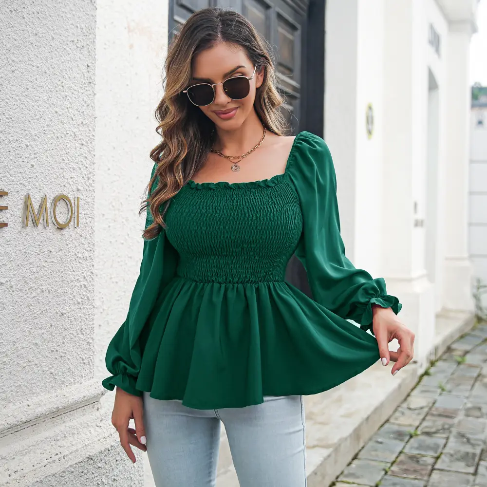 Black Chiffon Square Collar Top with Long Sleeves - Image 5