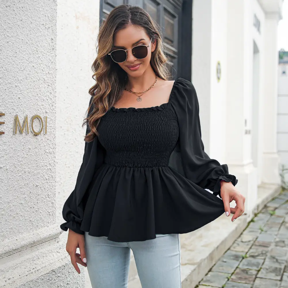 Black Chiffon Square Collar Top with Long Sleeves - Image 6
