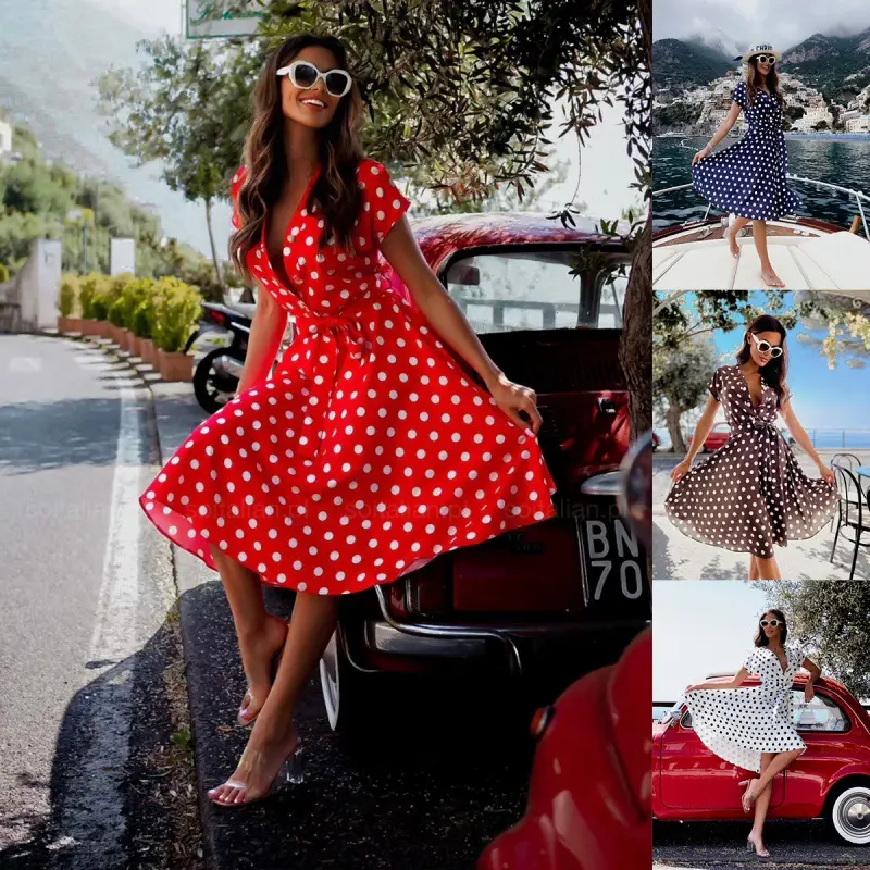 Red Polka Dot Point Waist Dress for Women