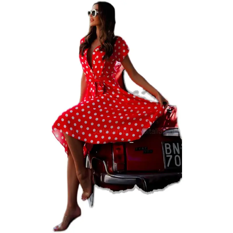Red Polka Dot Point Waist Dress for Women