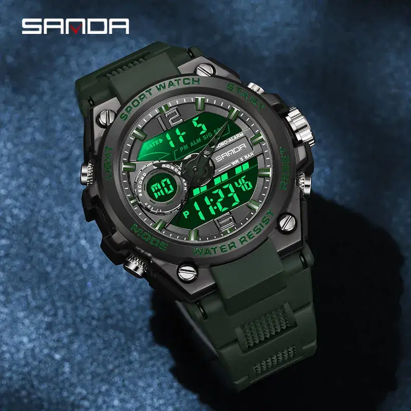 Sanda Green Digital Men's Watch with 3-Window Display - Image 9