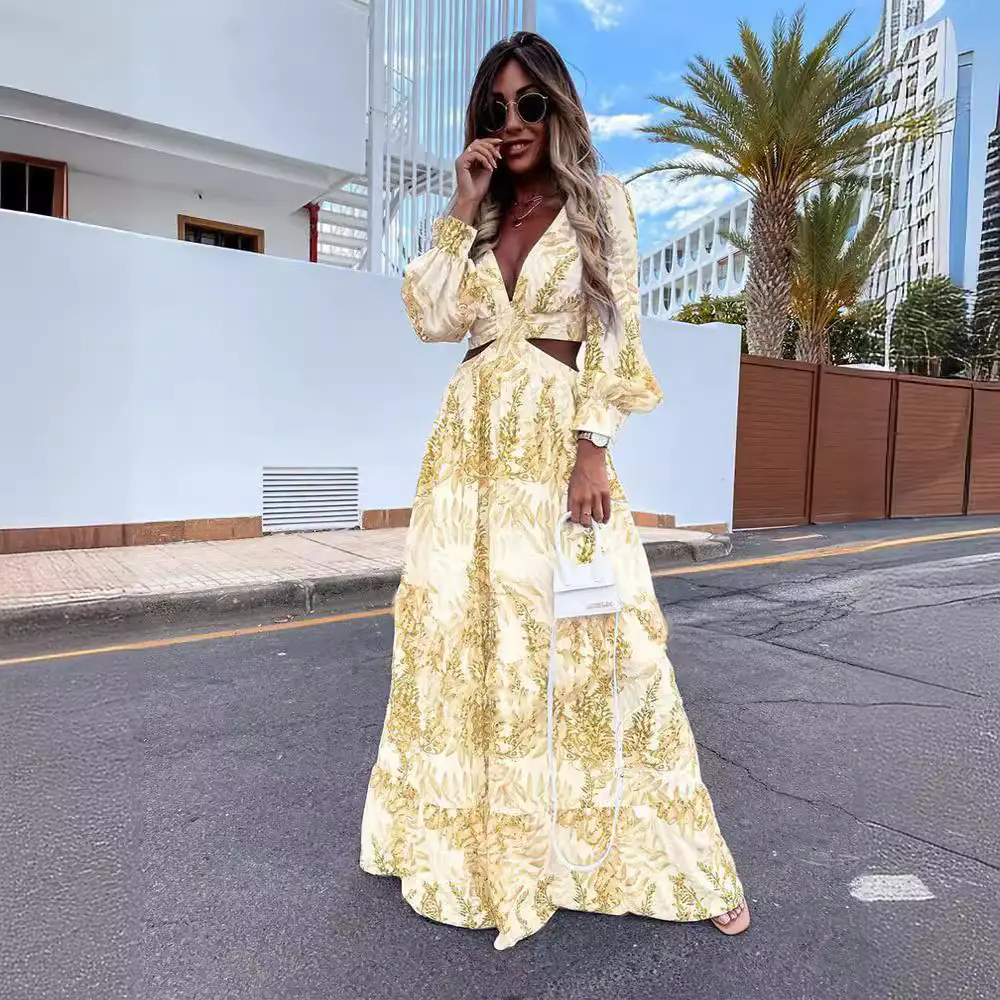 2024 Green Printed Long Sleeve V Neck Dress for Women