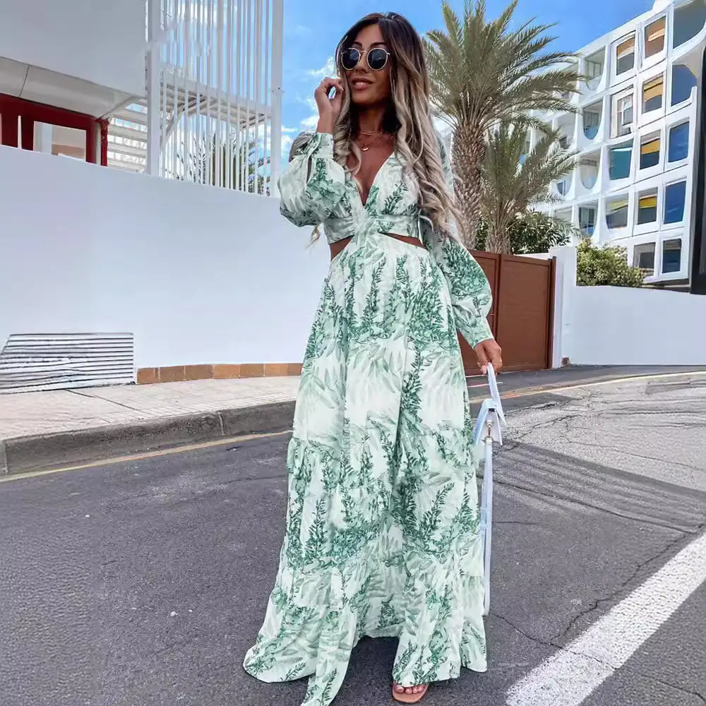 2024 Green Printed Long Sleeve V Neck Dress for Women