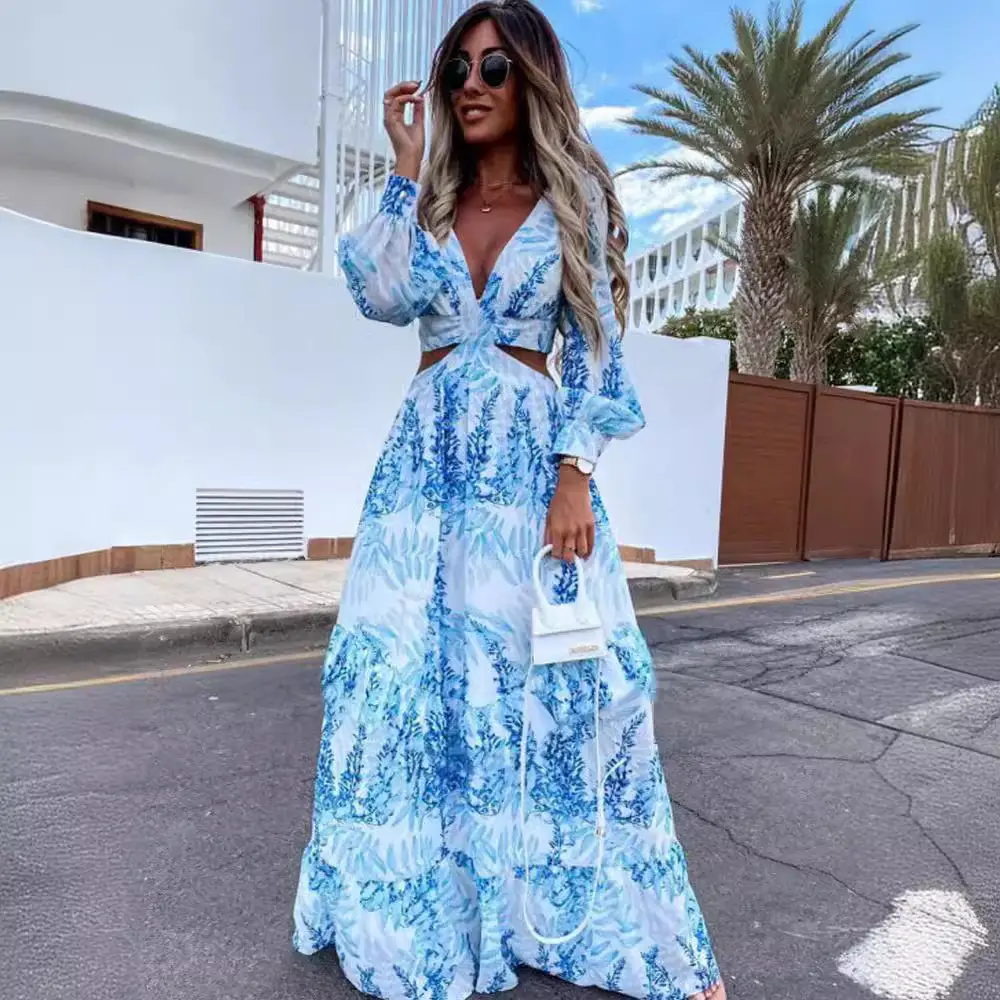 2024 Green Printed Long Sleeve V Neck Dress for Women