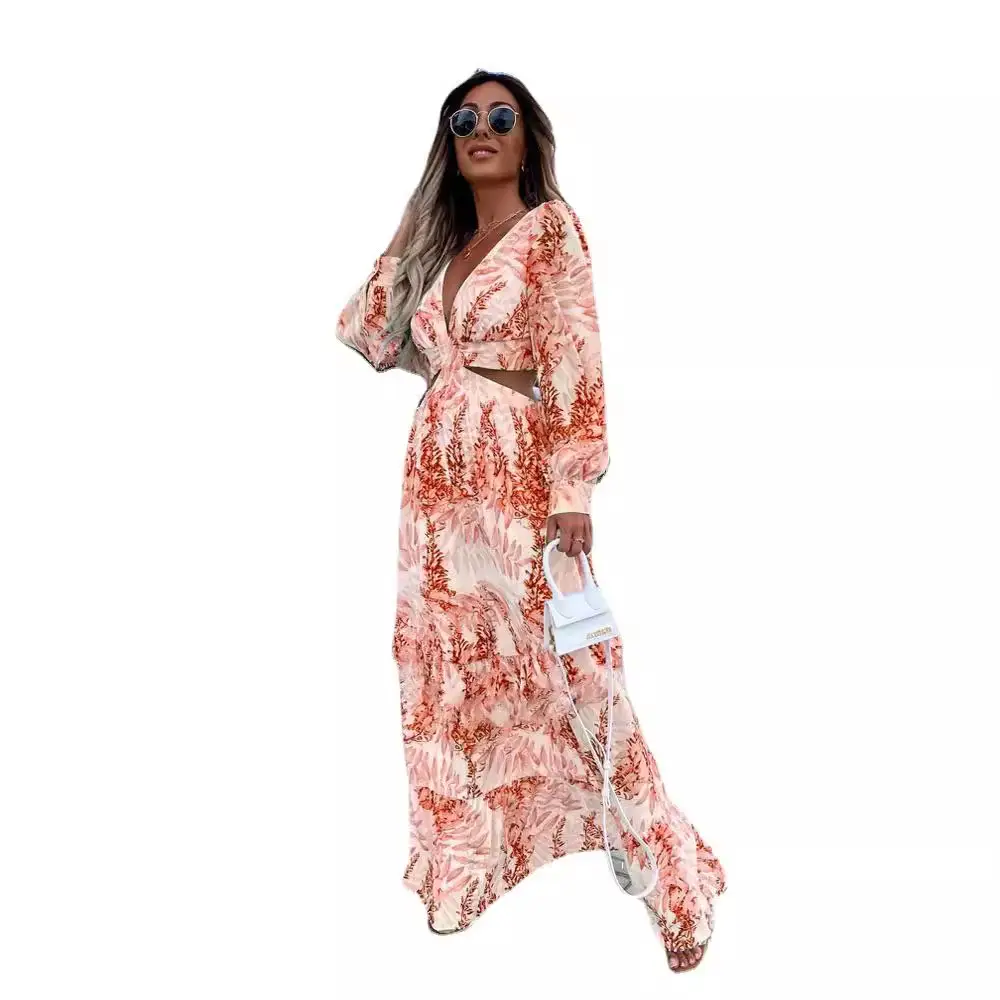2024 Green Printed Long Sleeve V Neck Dress for Women