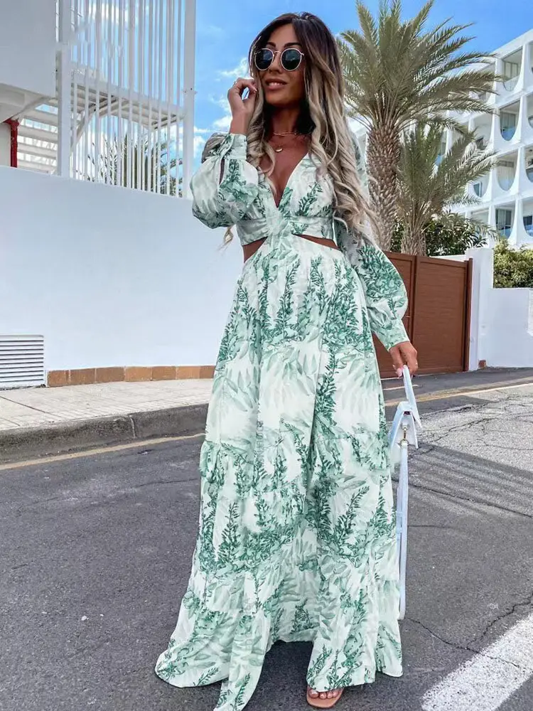 2024 Green Printed Long Sleeve V Neck Dress for Women