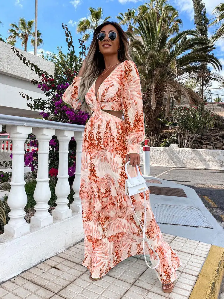 2024 Green Printed Long Sleeve V Neck Dress for Women