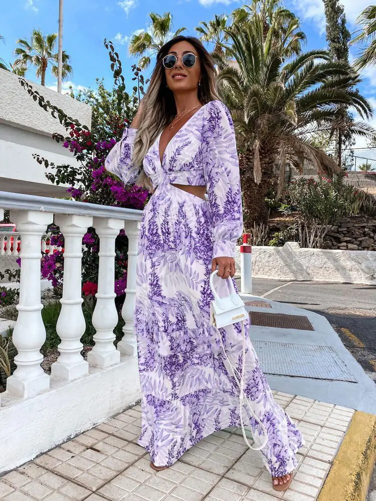 2024 Green Printed Long Sleeve V Neck Dress for Women