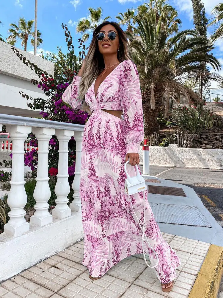 2024 Green Printed Long Sleeve V Neck Dress for Women