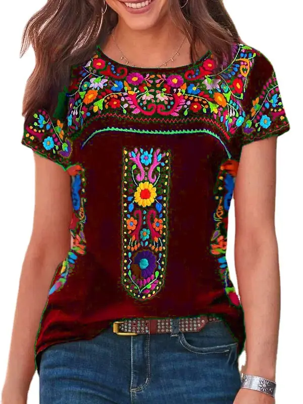 2023 Women Printed T-Shirt Black Embroidered Floral - Image 6