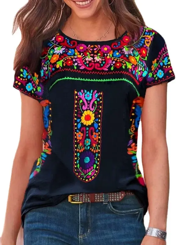 2023 Women Printed T-Shirt Black Embroidered Floral - Image 7