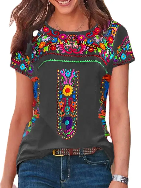 2023 Women Printed T-Shirt Black Embroidered Floral - Image 8