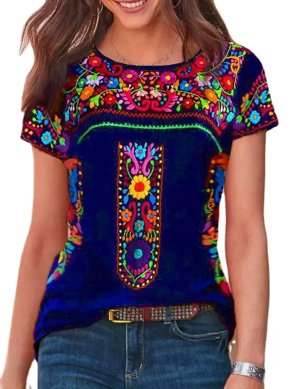 2023 Women Printed T-Shirt Black Embroidered Floral - Image 9