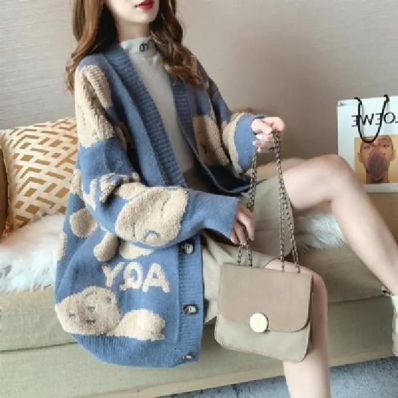 Women's Knitted Cardigan Outfit Loose Fit Winter Warm - Image 3