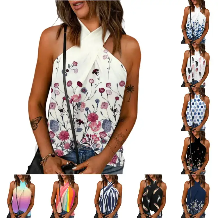 Women's Sleeveless Feather Print Top White Back Zipper - Image 10