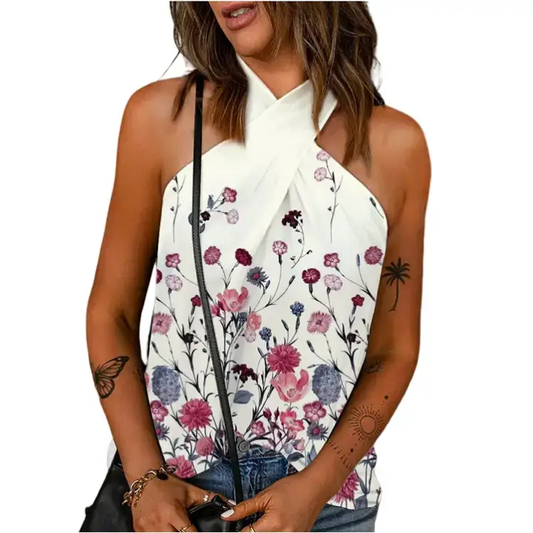Women's Sleeveless Feather Print Top White Back Zipper - Image 11