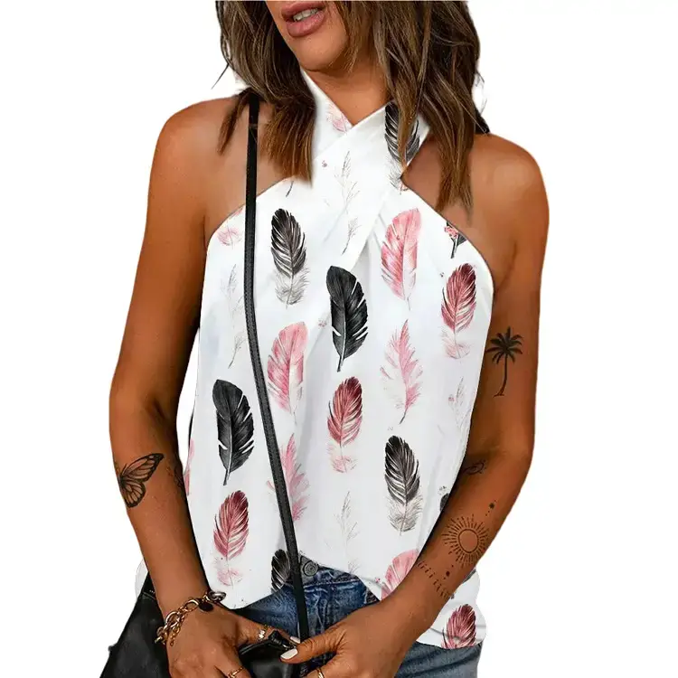 Women's Sleeveless Feather Print Top White Back Zipper - Image 13