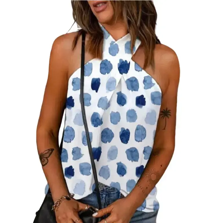 Women's Sleeveless Feather Print Top White Back Zipper - Image 14