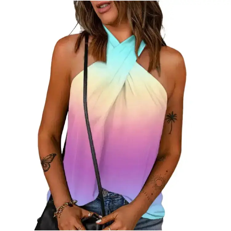 Women's Sleeveless Feather Print Top White Back Zipper - Image 5