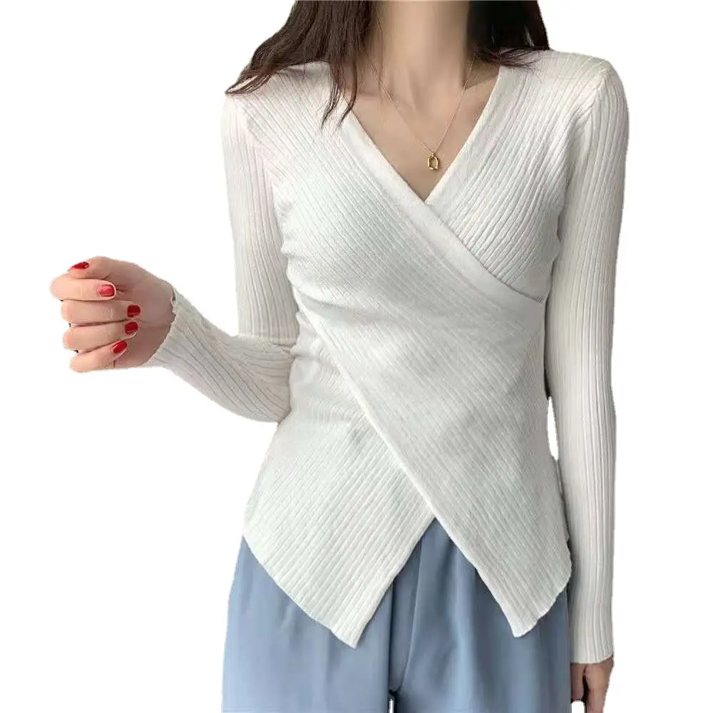 Korean-style Cross V-neck Knit Long Sleeve Top - Image 13