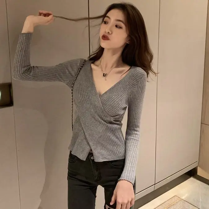 Korean-style Cross V-neck Knit Long Sleeve Top — feature 17