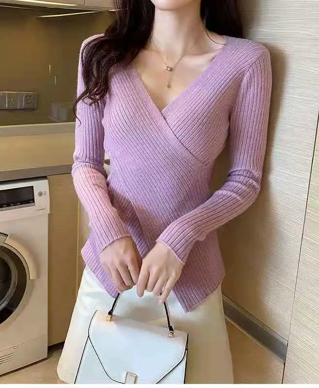Korean-style Cross V-neck Knit Long Sleeve Top — feature 23