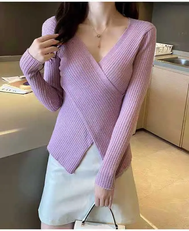 Korean-style Cross V-neck Knit Long Sleeve Top — feature 24
