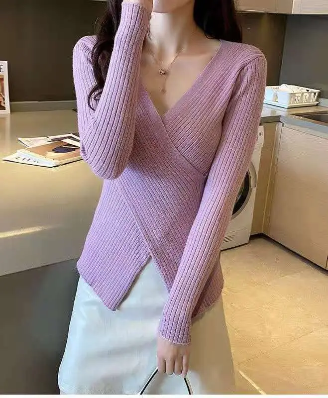 Korean-style Cross V-neck Knit Long Sleeve Top — feature 25