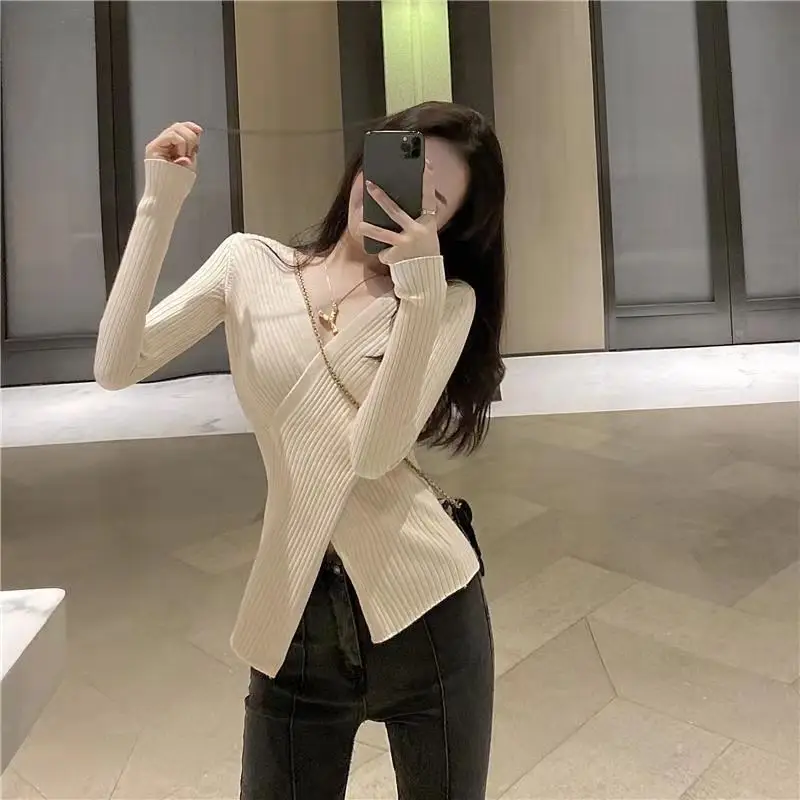 Korean-style Cross V-neck Knit Long Sleeve Top — feature 27