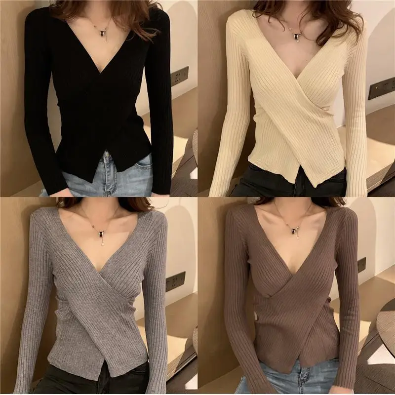 Korean-style Cross V-neck Knit Long Sleeve Top — feature 3