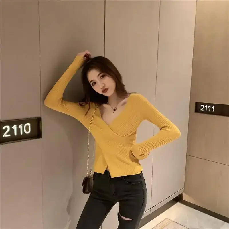 Korean-style Cross V-neck Knit Long Sleeve Top - Image 2