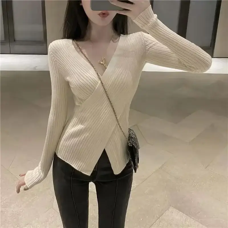 Korean-style Cross V-neck Knit Long Sleeve Top - Image 8
