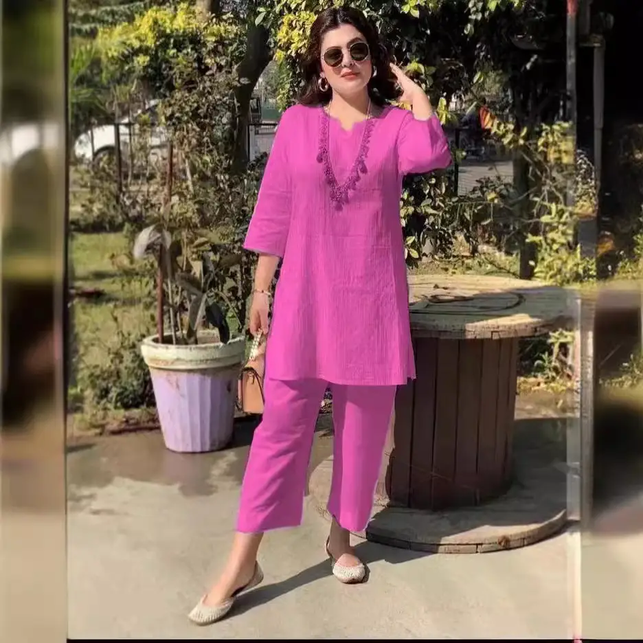 2022 Summer Women's Pink Pullover Kurta Set - Image 9